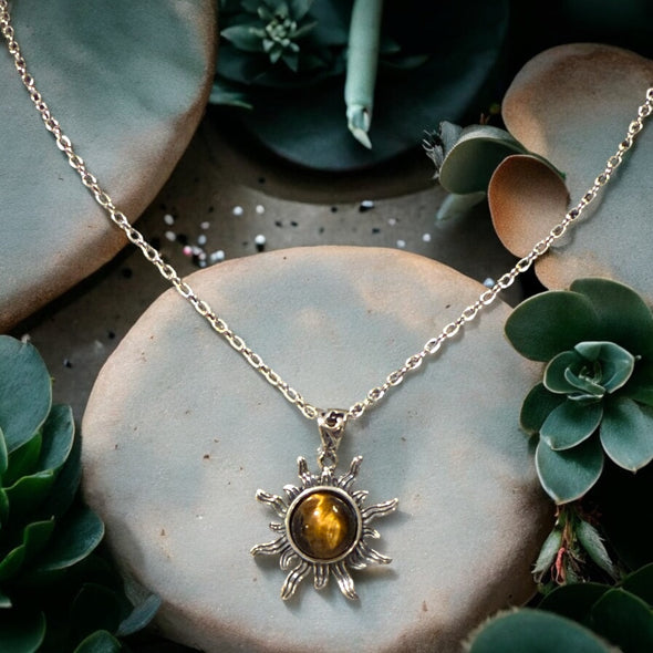 One-of-a-Kind 10mm Round Tigers Eye in Sunburst Sterling Silver Necklace