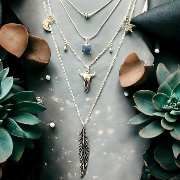 One-of-a-Kind Bull Skull Peruvian Blue Opal & Sterling Silver 4 Layer Necklace PREORDER