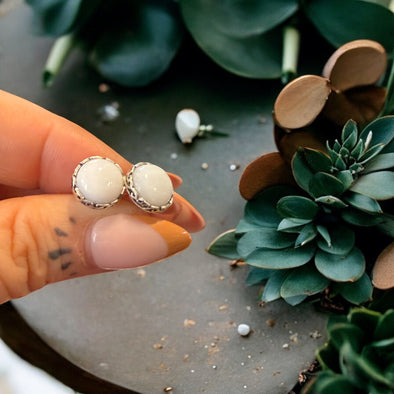 One-of-a-Kind 8mm Natural White Jade Sterling Silver Round Scrolled Bezel Earrings