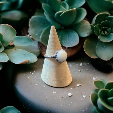 One-of-a-Kind 10mm Natural White Jade Sterling Silver Round Floral Bezel Ring