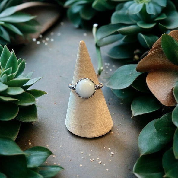 One-of-a-Kind 10mm Natural White Jade Sterling Silver Round Floral Bezel Ring