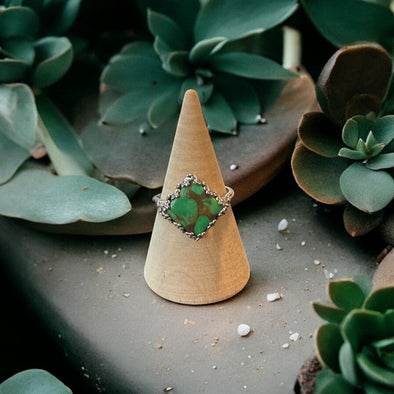 One-of-a-Kind Natural Kingman Square Green Copper Turquoise Floral Bezel Sterling Silver Ring