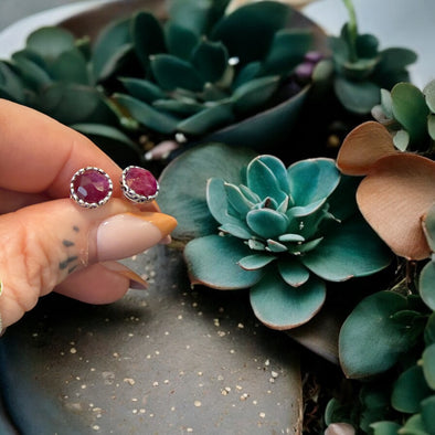 One-of-a-Kind 8mm Natural Raw Faceted Ruby Sterling Silver Round Scrolled Bezel Earrings