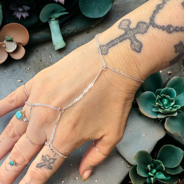 One-Of-A-Kind Diamond Cut Cuban Curb 2 Finger Hand Chain Sterling Silver