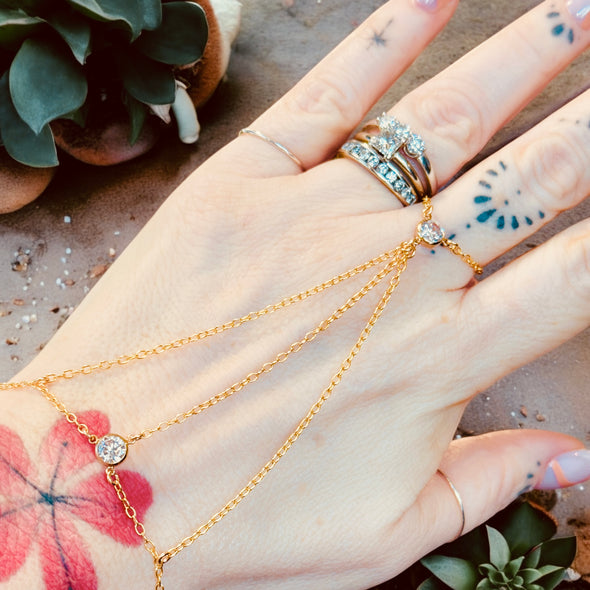 One-Of-A-Kind 6MM Brilliant Zircon 3 Strand Hand Chain 14K Gold Filled