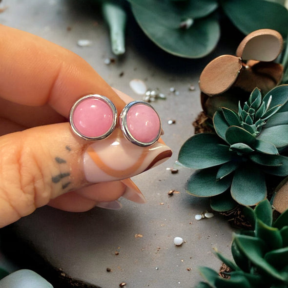 One-of-a-Kind 10mm Natural Pink Jade Sterling Silver Round Simple Rim Bezel Earrings