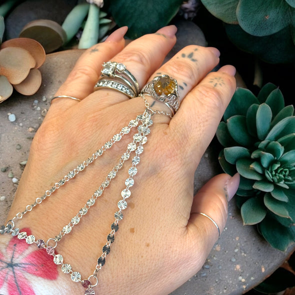 One-Of-A-Kind Diamond Cut Burst Disc Hand Chain 14k GF & 925 Sterling Silver 3 Strand PREORDER