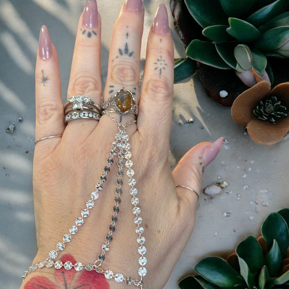 One-Of-A-Kind Diamond Cut Burst Disc Hand Chain 14k GF & 925 Sterling Silver 3 Strand PREORDER