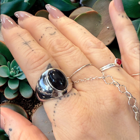 One-of-a-Kind Oval Natural Black Onyx Sterling Silver Dome Adjustable Ring