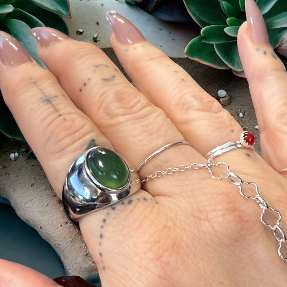 One-of-a-Kind Oval Natural Green Jade Sterling Silver Dome Adjustable Ring