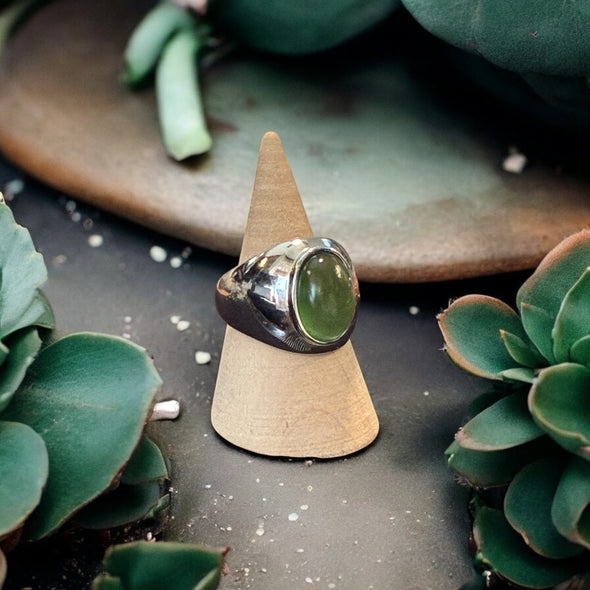 One-of-a-Kind Oval Natural Green Jade Sterling Silver Dome Adjustable Ring