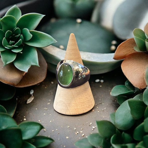 One-of-a-Kind Oval Natural Green Jade Sterling Silver Dome Adjustable Ring