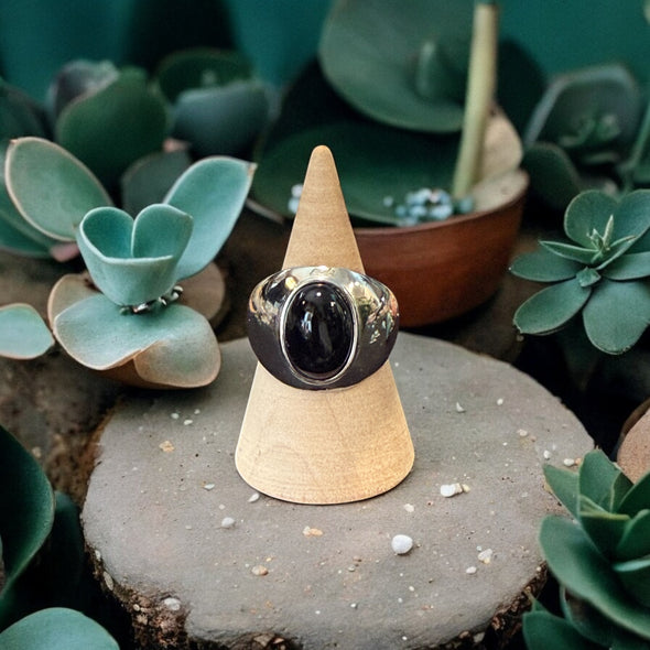 One-of-a-Kind Oval Natural Black Onyx Sterling Silver Dome Adjustable Ring