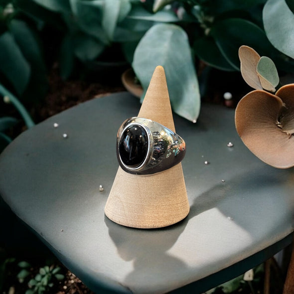 One-of-a-Kind Oval Natural Black Onyx Sterling Silver Dome Adjustable Ring