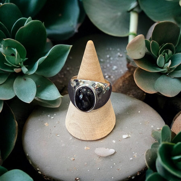 One-of-a-Kind Oval Natural Black Onyx Sterling Silver Dome Adjustable Ring