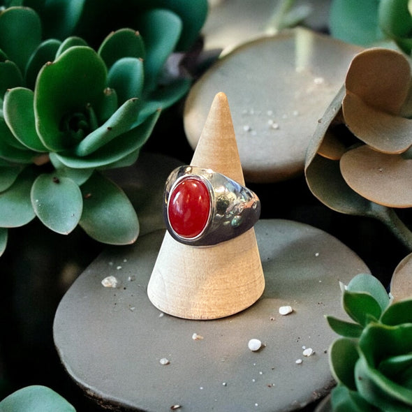 One-of-a-Kind Oval Natural Red Jade Sterling Silver Dome Adjustable Ring