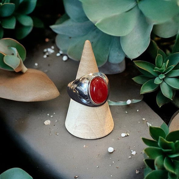One-of-a-Kind Oval Natural Red Jade Sterling Silver Dome Adjustable Ring