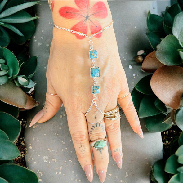 One-Of-A-Kind Mojave Blue Turquoise 3 Square Gemstone Hand Chain Sterling Silver