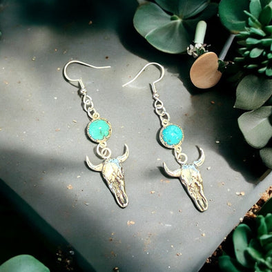 One-Of-A-Kind Kingman Blue Turquoise & Bull Skull Sterling Silver Drop Earrings