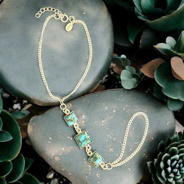 One-Of-A-Kind Mojave Blue Turquoise 3 Square Gemstone Hand Chain Sterling Silver