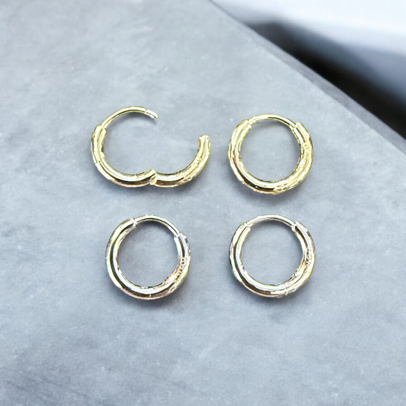 Huggie Hoop Earrings 12mm Solid 925 Sterling Silver & 14k Gold Plated Sterling Silver