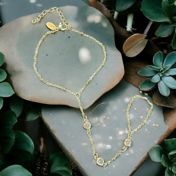 Waterproof Zircon Trio Satellite Hand Chain 925 Sterling & 14k Gold PVD Plated Stainless Steel