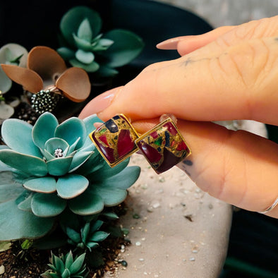 One-Of-A-Kind Watermelon Turquoise Gemstone 10mm Square Turned Stud Earrings 14kGP