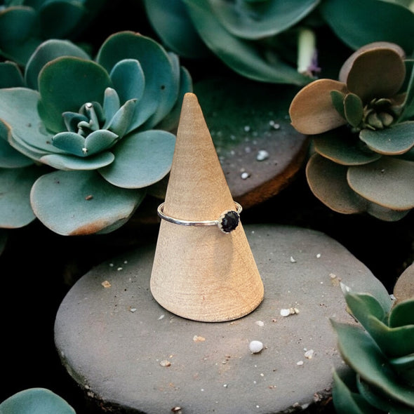One-of-a-Kind 5mm Round Faceted Black Onyx Sterling Silver Ring
