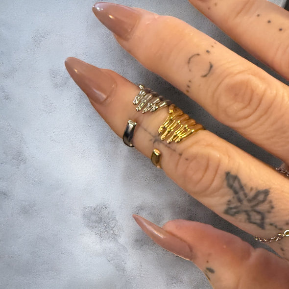 Waterproof Abstract Hand Adjustable Knuckle Ring Polished Stainless Steel & 14k Gold PVD Plated Stainless Steel