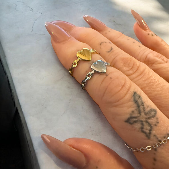 Waterproof Heart Link Adjustable Knuckle Ring Polished Stainless Steel & 14k Gold PVD Plated Stainless Steel