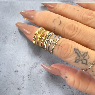 Waterproof Beaded Sunburst Adjustable Knuckle Ring Polished Stainless Steel & 14k Gold PVD Plated Stainless Steel