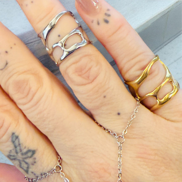 Waterproof Abstract Geo Adjustable Knuckle Ring Polished Stainless Steel & 14k Gold PVD Plated Stainless Steel