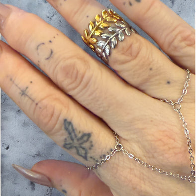 Waterproof Leaf Adjustable Knuckle Ring Polished Stainless Steel & 14k Gold PVD Plated Stainless Steel
