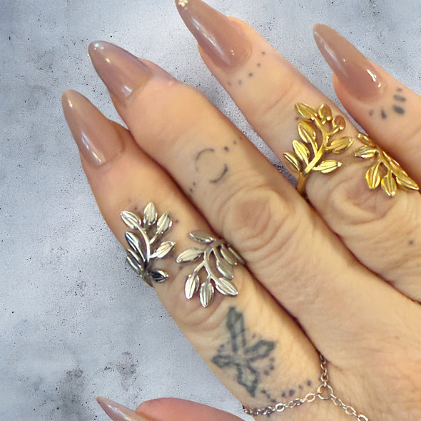 Waterproof Wide Leaf Adjustable Knuckle Ring Polished Stainless Steel & 14k Gold PVD Plated Stainless Steel