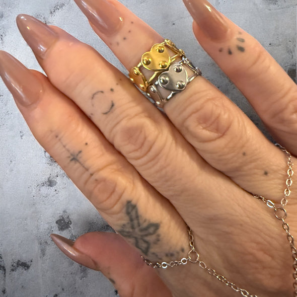 Waterproof Riveted heart Adjustable Knuckle Ring Polished Stainless Steel & 14k Gold PVD Plated Stainless Steel