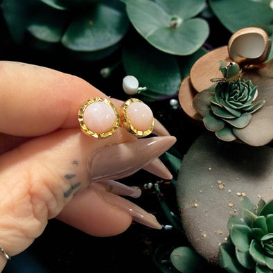 One-of-a-Kind 8mm Round Peruvian Pink Opal Diamond Cut 14k GP Sterling Silver Earrings