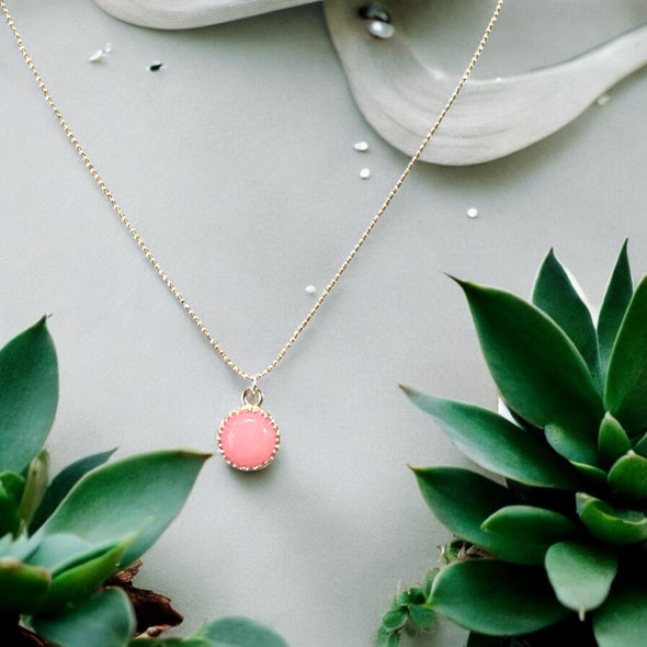 One-of-a-Kind 10mm Natural Pink Jade Sterling Silver Round Crown Bezel Necklace