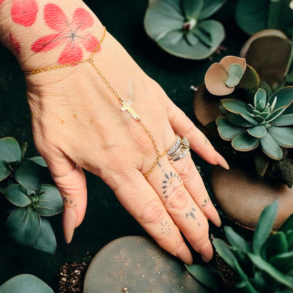 One-Of-A-Kind Dainty Cross Hand Chain 14K Gold Filled
