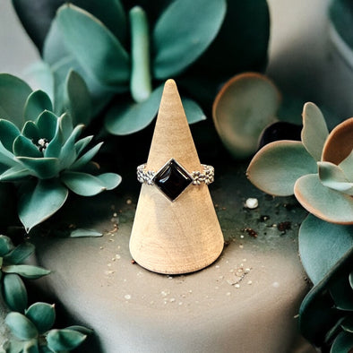 One-of-a-Kind AAA Calibrated Black Onyx Sterling Silver Square Turned Floral Band Ring