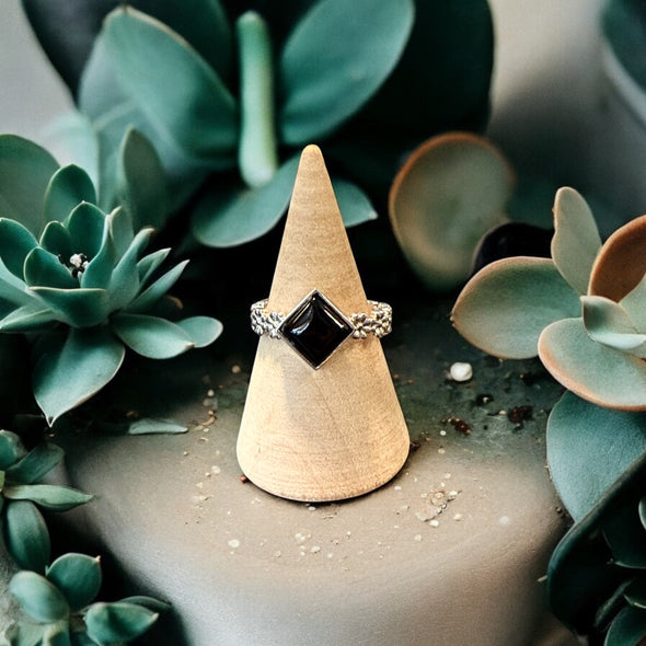 One-of-a-Kind AAA Calibrated Black Onyx Sterling Silver Square Turned Floral Band Ring