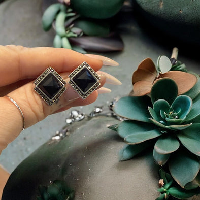 One-of-a-Kind Black Onyx Faceted Pyramid Sterling Silver & Marcasite Stud Earrings