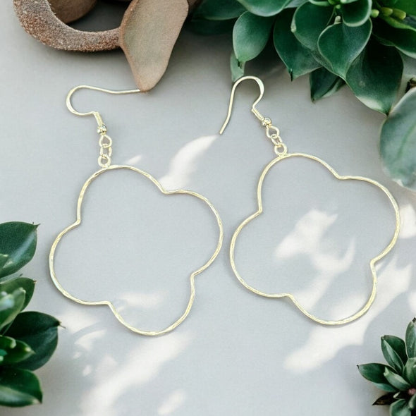 One-of-a-Kind 46mm Hammered Clover Drop Earrings Sterling Silver or 14K Gold Plated Sterling Silver