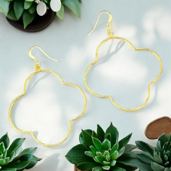 One-of-a-Kind 46mm Hammered Clover Drop Earrings Sterling Silver or 14K Gold Plated Sterling Silver