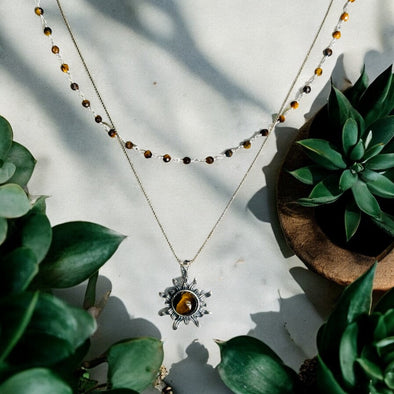 One-of-a-Kind Tigers Eye Sunburst Sterling Silver Double Layer Necklace