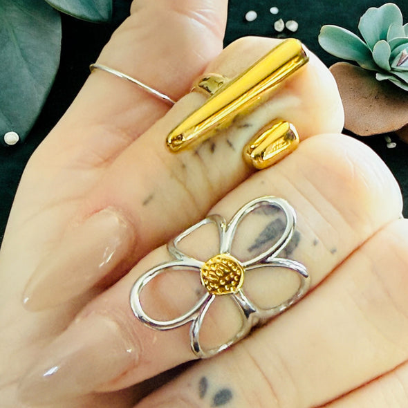 Waterproof Two-Tone Flower Ring Polished Stainless Steel & 18k Gold PVD Plated Stainless Steel