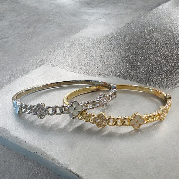Zircon & Mother of Pearl Clover Link Bangle Bracelet (Hinged)