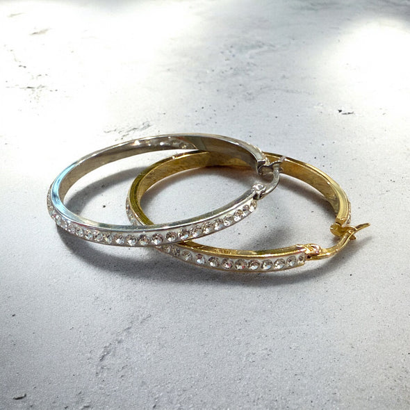 Waterproof 40mm Zircon Hoop Earrings - 18k Gold PVD Plated or Polished Stainless Steel