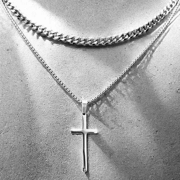 Waterproof Cuban Curb/Rolo Chain Double Layer Cross Pendant Necklace 16/18"