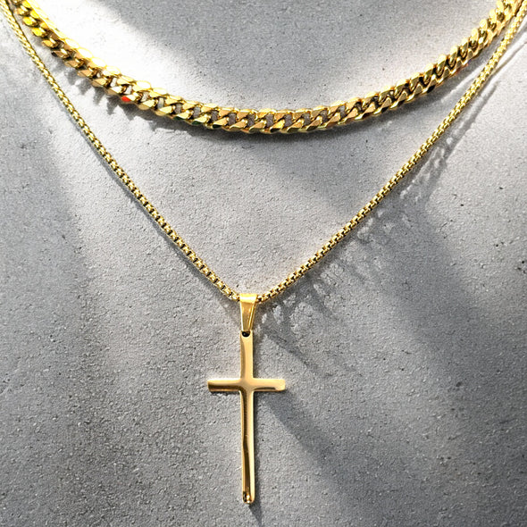 Waterproof Cuban Curb/Rolo Chain Double Layer Cross Pendant Necklace 16/18"