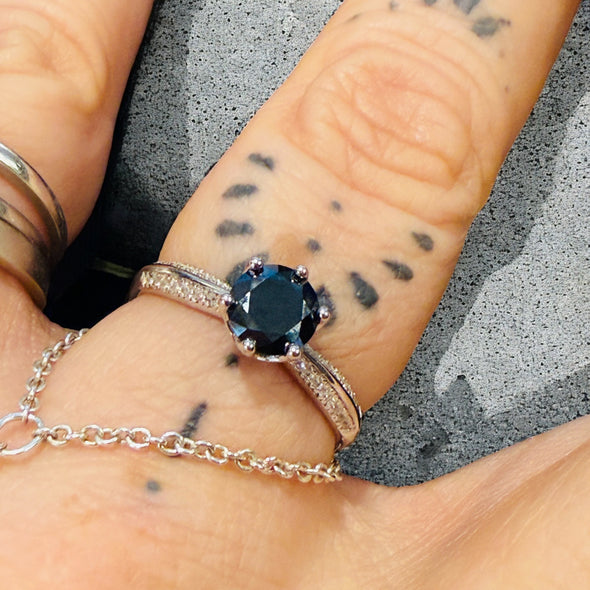 1 Carat Black Moissanite Diamond Solitaire Ring Sterling Silver